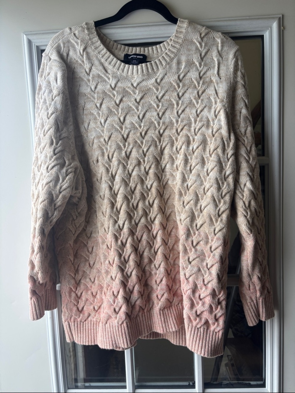 Lands' End Cream-to-Pink Ombre Cable Knit Crew Sweater
